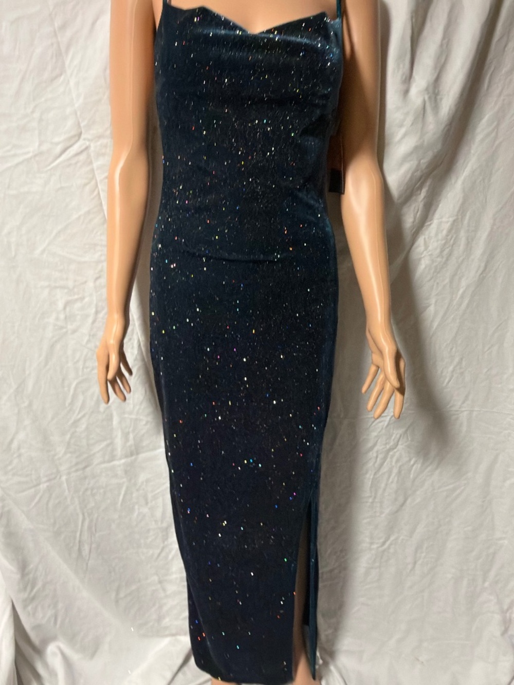 NWT Haley & June Teal Sparkle Velvet Cowl Neck Maxi Dress Sz M | Slit Cocktail